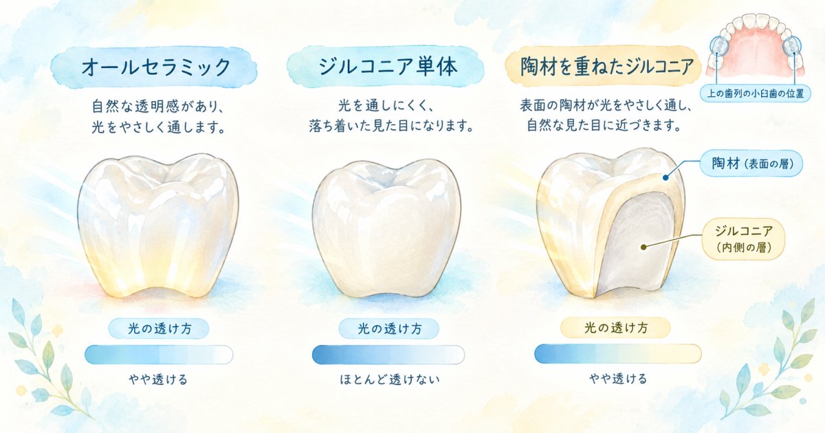 セラミックとジルコニア、見える歯での色の違い